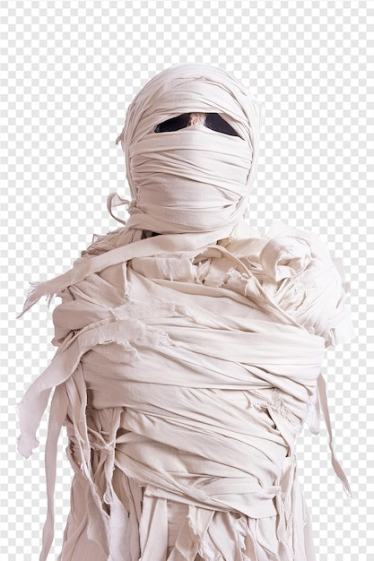 a woman with a face mask wrapped in a white cloth