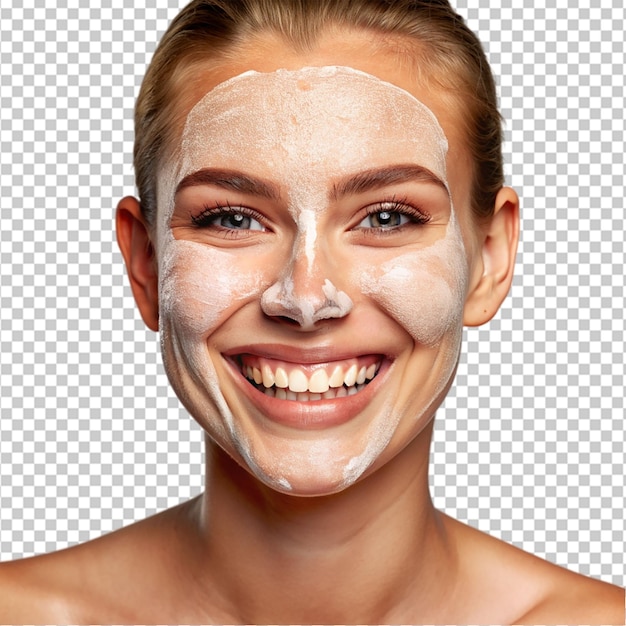 PSD woman with facial mask smiling on transparent background