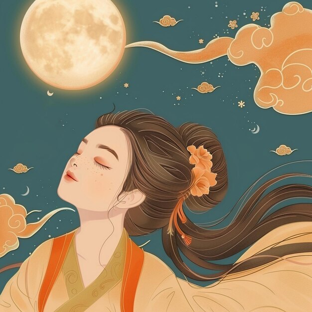 PSD a woman with a flower in her hair is sleeping under a full moon