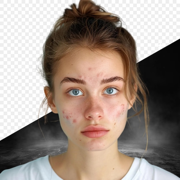 PSD a woman with freckles on her face and a black background