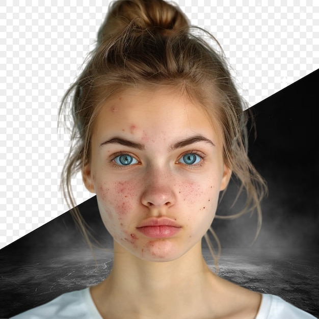 PSD a woman with freckles on her face and the word acne on the face