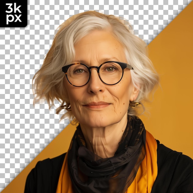 a woman with glasses and a black shirt with a yellow background