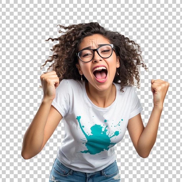 a woman with glasses and a gray shirt is celebrating with her arms up in the air Isolated