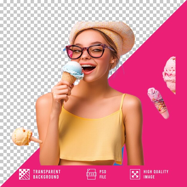 PSD a woman with glasses and a straw hat is holding an ice cream cone