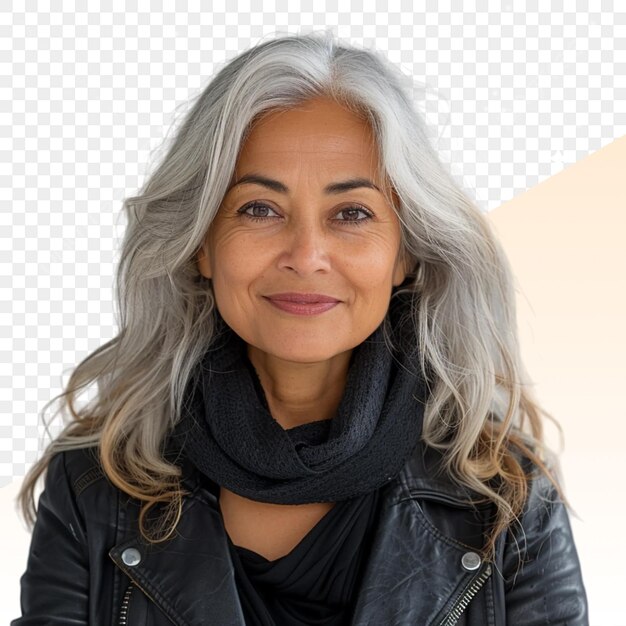 PSD a woman with gray hair and a black scarf is standing in front of a yellow background