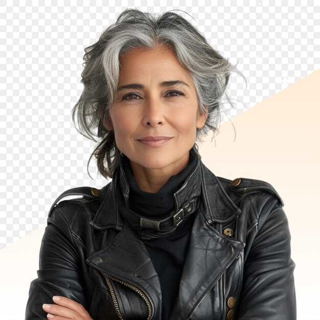 PSD a woman with gray hair and a black shirt with a black top that says gray hair