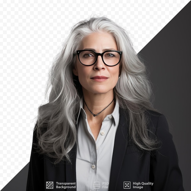 PSD a woman with gray hair and glasses stands in front of a checkered background.