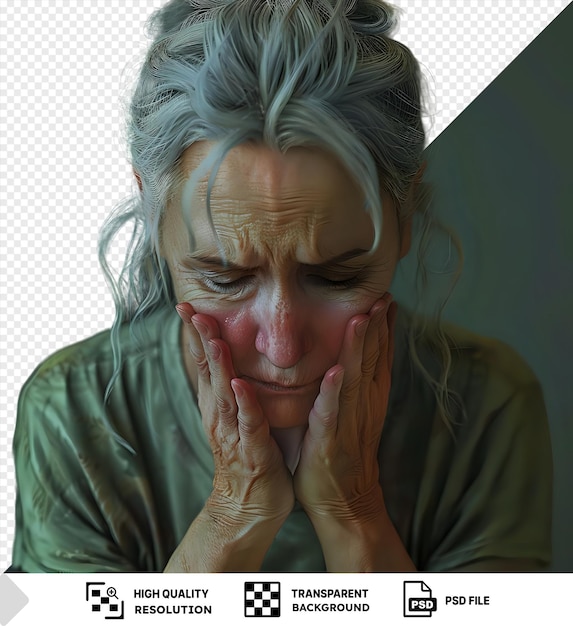 PSD woman with gray hair holds her face with her hands isolated against a transparent background