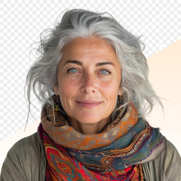 PSD a woman with gray hair is wearing a scarf with a design on it