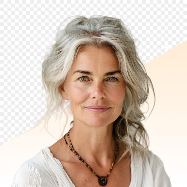 PSD a woman with gray hair and a necklace is standing in front of a transparent background