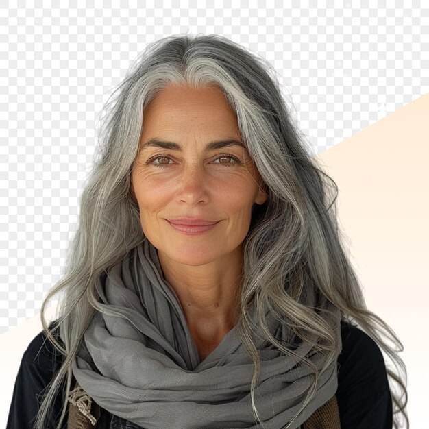 PSD a woman with gray hair and a scarf on her neck