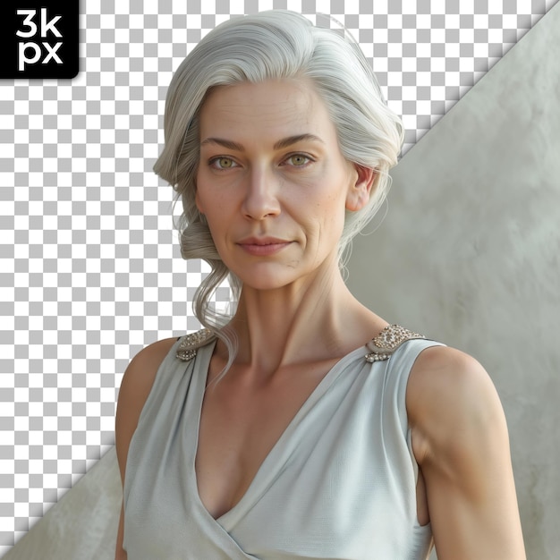 PSD a woman with gray hair and a silver necklace