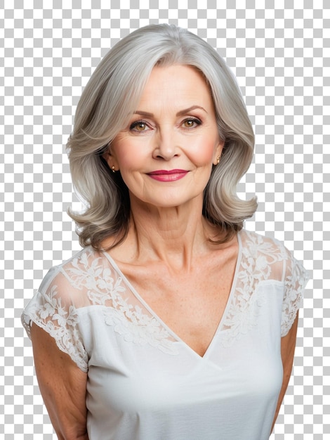 a woman with gray hair and a white dress isolated on a transparent background