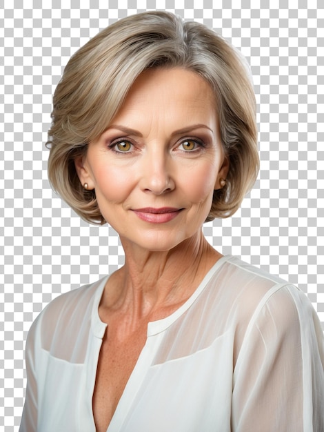 a woman with gray hair and a white dress isolated on a transparent background