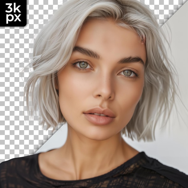 PSD a woman with grey hair and a black top with a white face