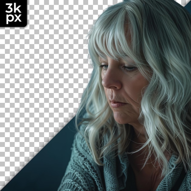 PSD a woman with grey hair and a black and white photo of a woman in a sweater