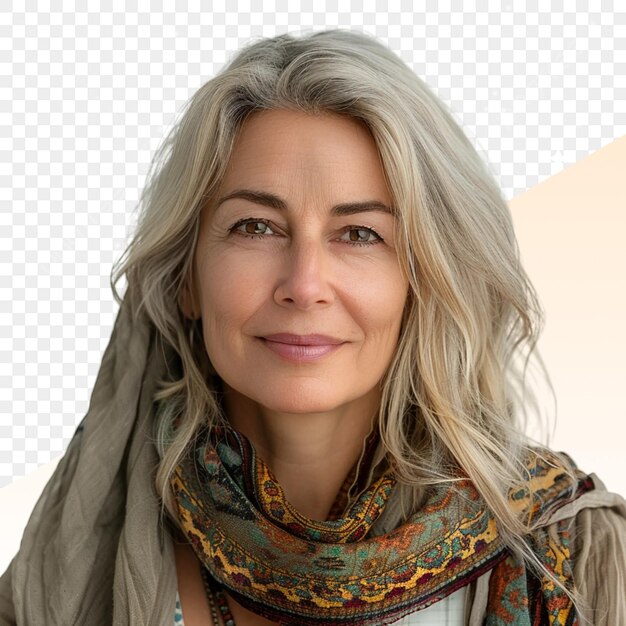 PSD a woman with grey hair and a scarf on her neck