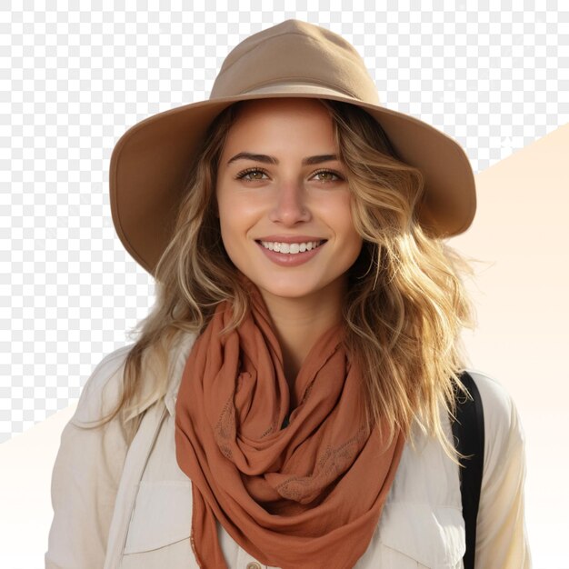 PSD a woman with a hat on her head and a scarf that says shes a hat