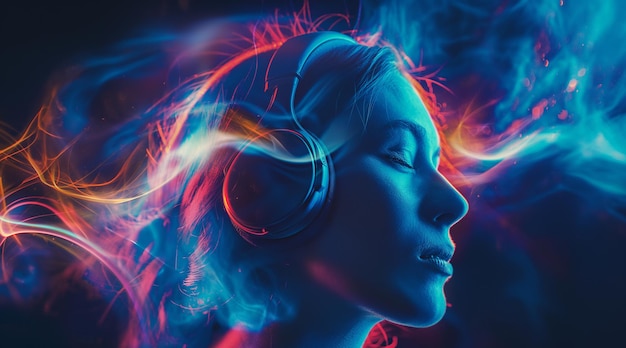 PSD a woman with headphones in musical trance with colourful backgroundworld music day postermusicposter