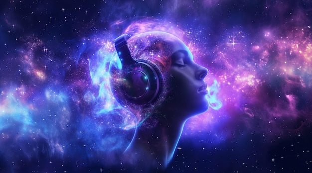 PSD a woman with headphones in musical trance with colourful backgroundworld music day postermusicposter