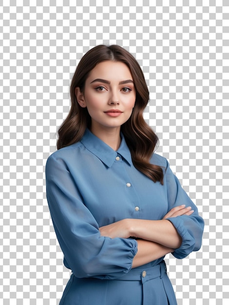 PSD a woman with her arms crossed and a blue shirt with a bow on the front