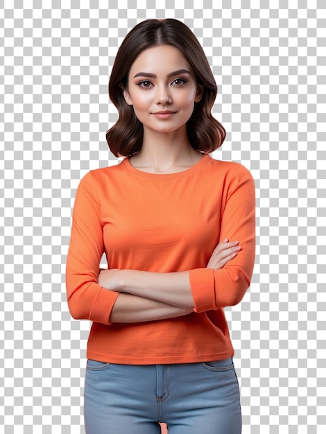 a woman with her arms crossed in front of a camera