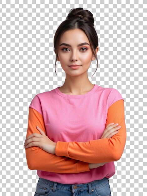 a woman with her arms crossed in front of a camera