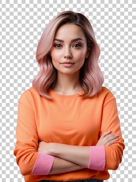 a woman with her arms crossed in front of a camera