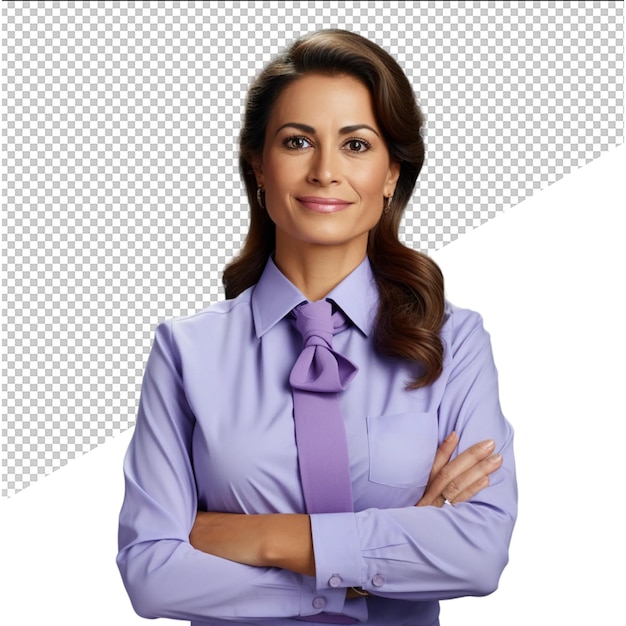 a woman with her arms crossed and a purple shirt with a purple tie