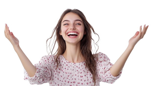 a woman with her arms up in the air smiling and holding her arms up