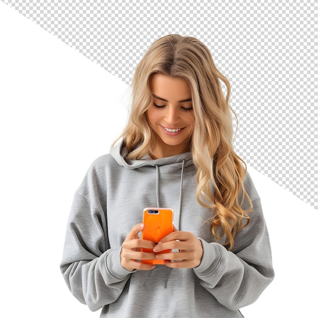 PSD a woman with a hoodie on and a cell phone in her hands