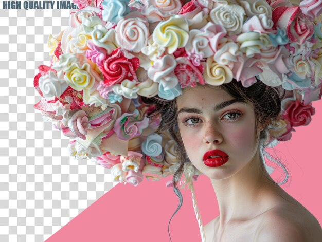 PSD a woman with a large flower hat on her head with transparent background