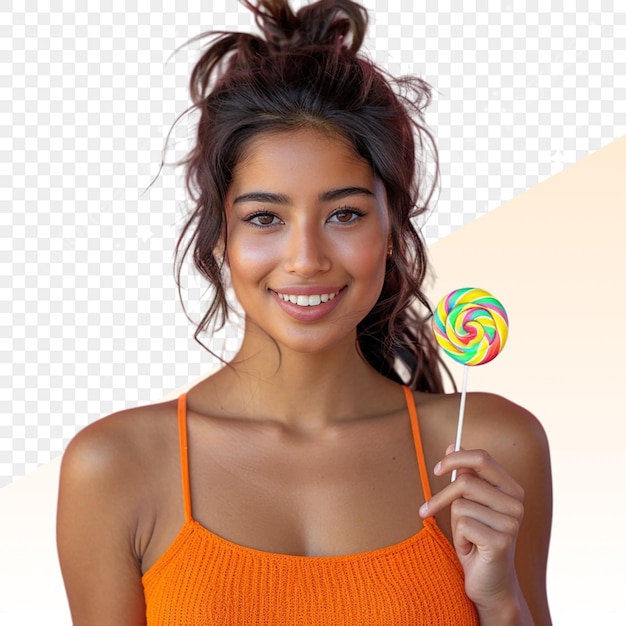 PSD a woman with a lollipop in her hand and the picture is a colorful lollipop