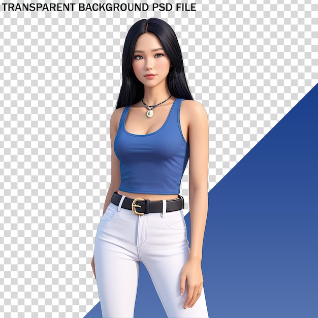 PSD a woman with long black hair and a blue tank top is standing in front of a blue background