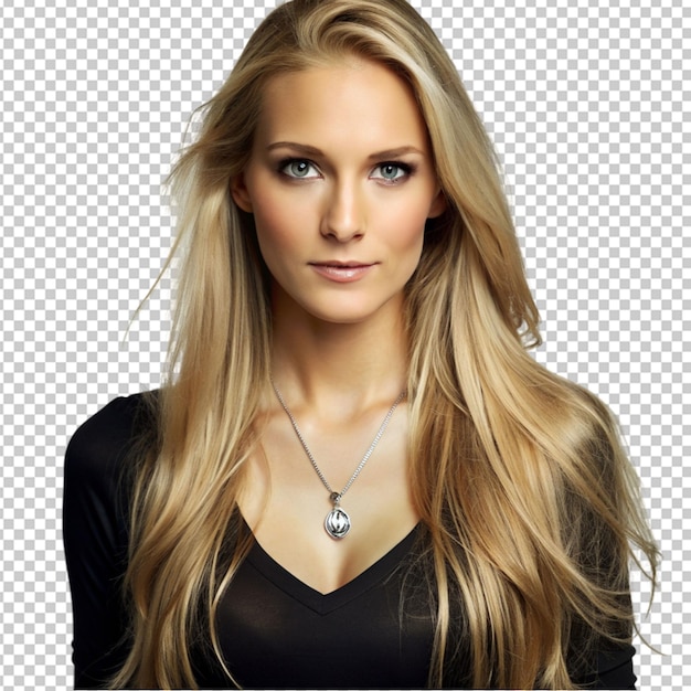 PSD woman with long blond hair wearing a black shirt a