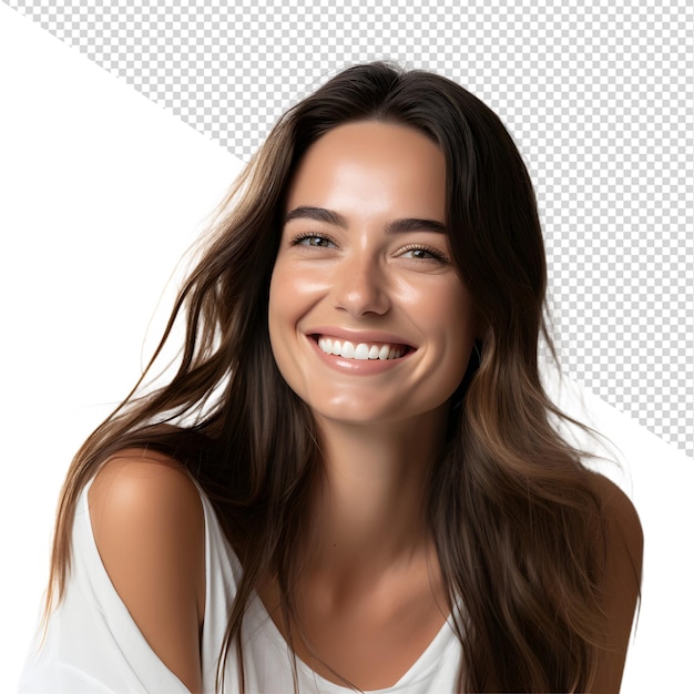 a woman with long brown hair smiling and a white background with a white background