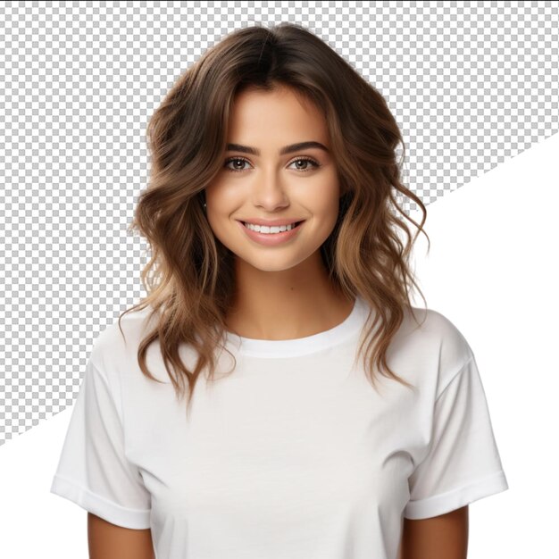 a woman with long brown hair and a white shirt with a white t shirt on it