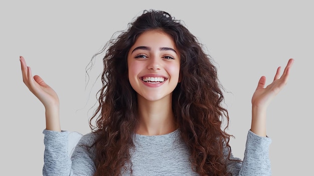 a woman with long curly hair smiling with a smile on her face