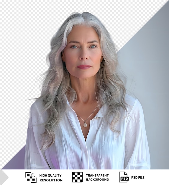 PSD woman with long gray hair posing in a white shirt against an isolated background