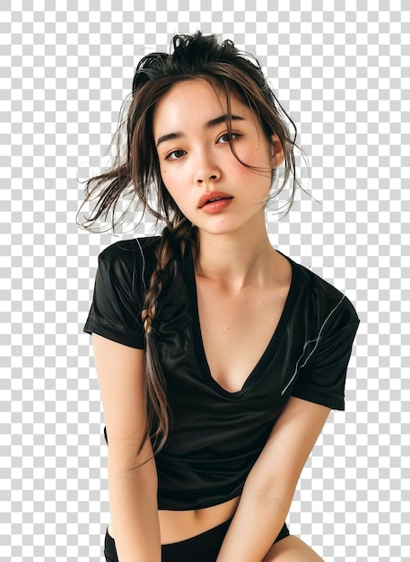 PSD a woman with long hair and a black top isolated on transparent background png