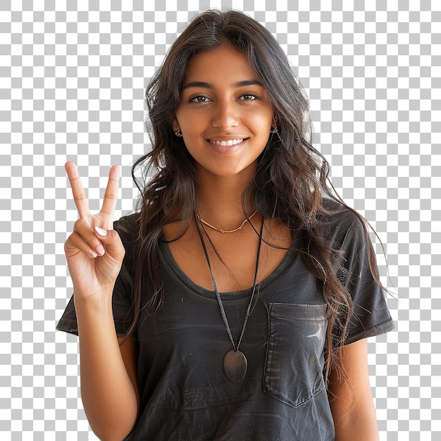 A woman with long hair is smiling and holding up her hands in a peace sign