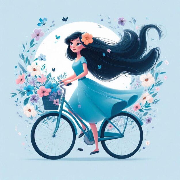 PSD a woman with long hair riding a bike with a flower and butterflies on the back