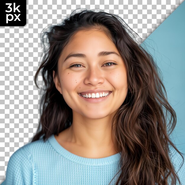 a woman with long hair smiling in front of a blue background