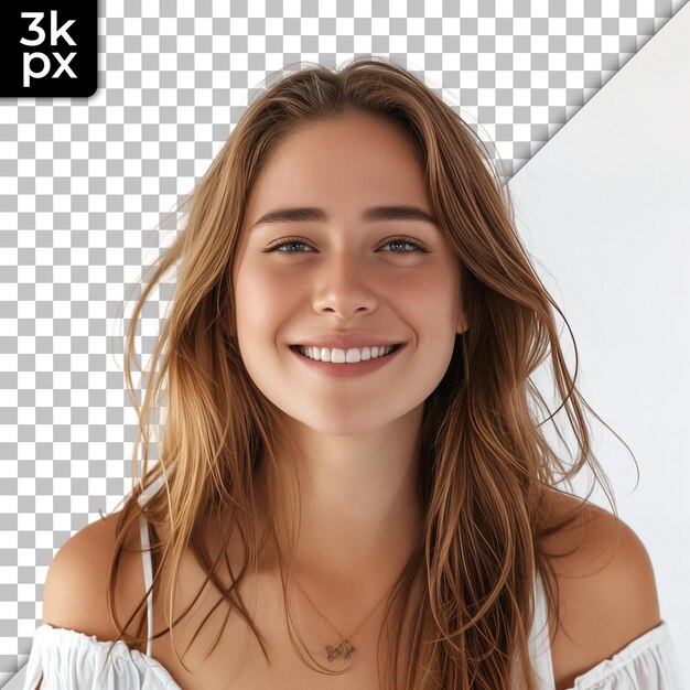 PSD a woman with long hair wearing a white top with a black x on it