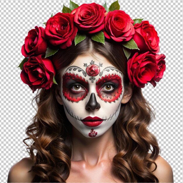 PSD woman with a mexican skull scared expression la catrina with roses