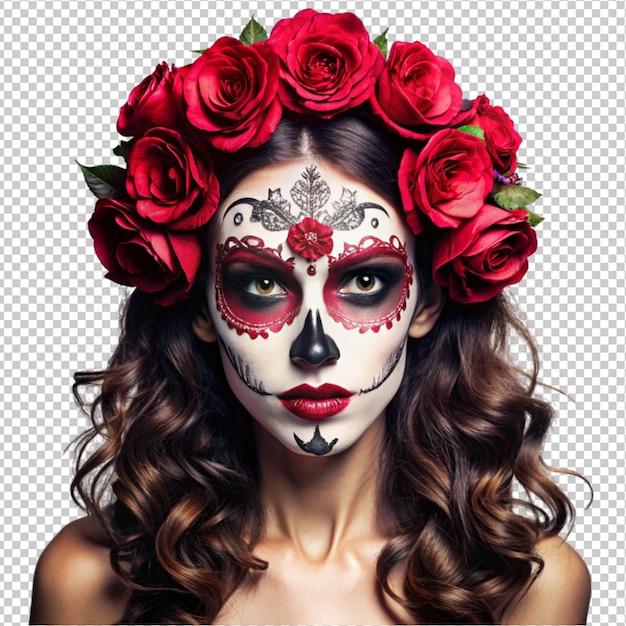 PSD woman with a mexican skull scared expression la catrina with roses