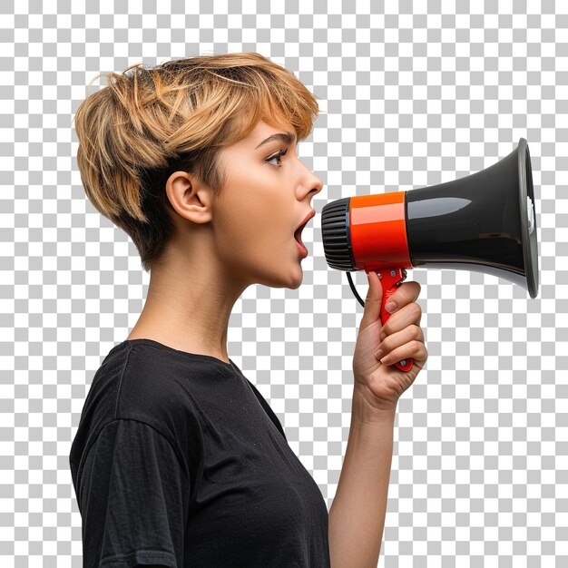 PSD a woman with a microphone is holding it up to her mouth isolated on transparent background