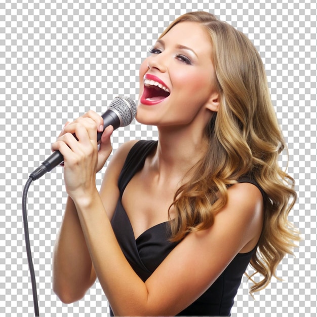 PSD woman with a microphone singing on transparent background