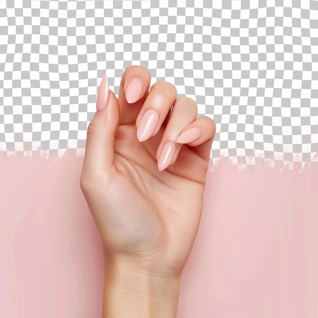 a woman with painted nails and a pink background with a checkered pattern