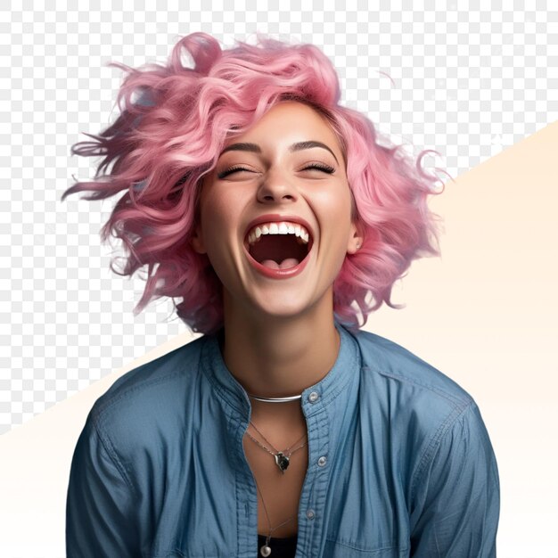 PSD a woman with pink hair and a blue shirt is laughing